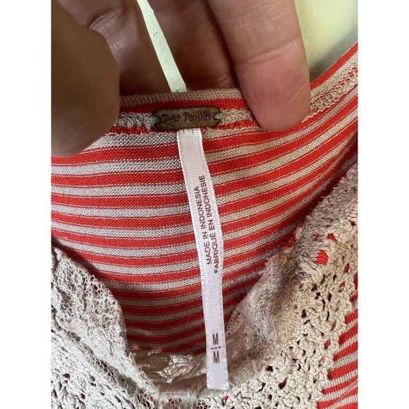 FREE PEOPLE Orange Striped Off Shoulder Short Sleeve Crochet Lace Women’s Top M - Picture 4 of 7